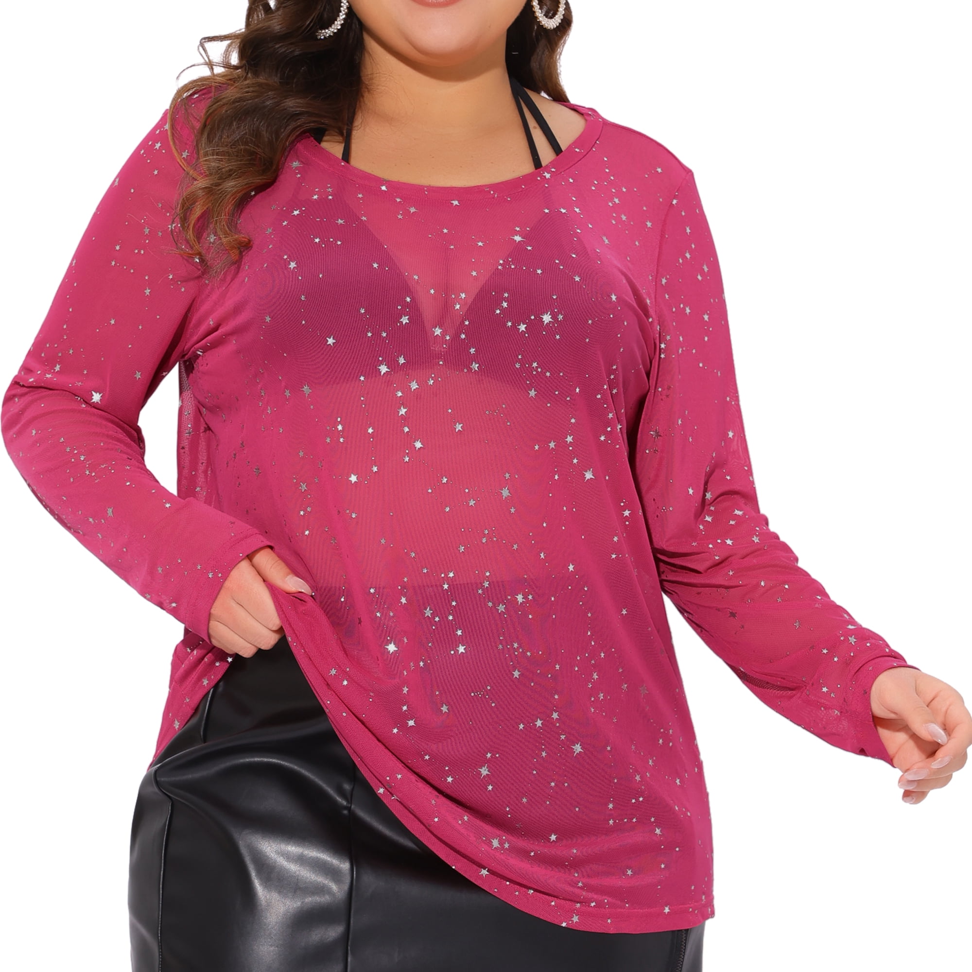 DARING DIVA Women's Plus See Through Mesh Long Sleeve Crew Neck Party Blouse 1X Hot Pink