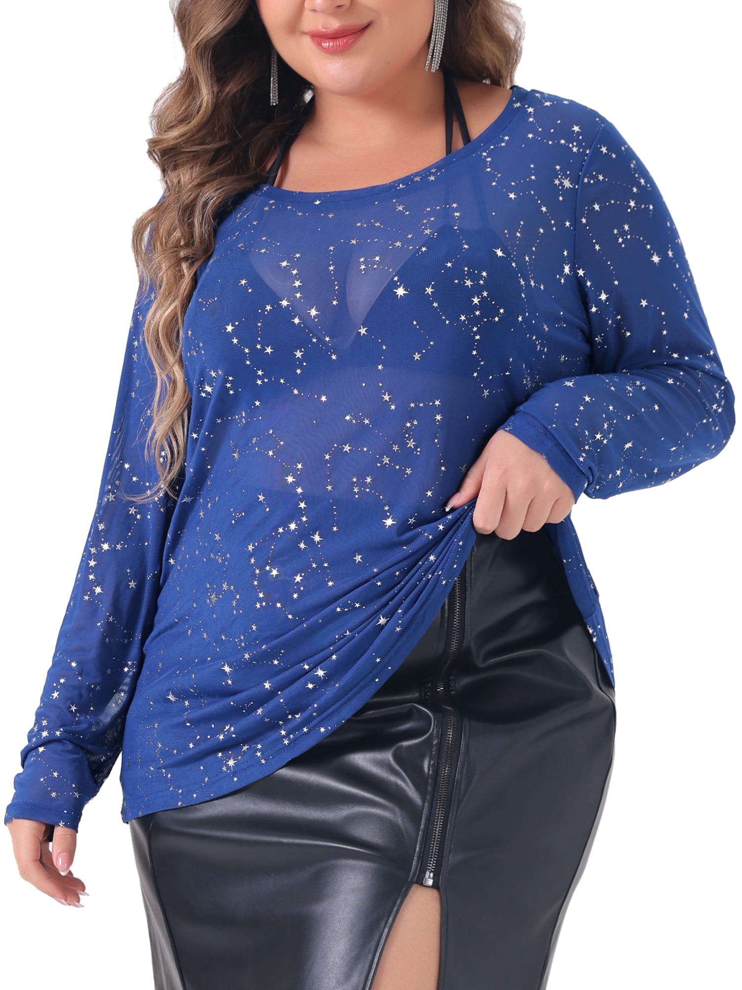 DARING DIVA Women's Plus See Through Mesh Long Sleeve Crew Neck Party Blouse 2X Dark Blue