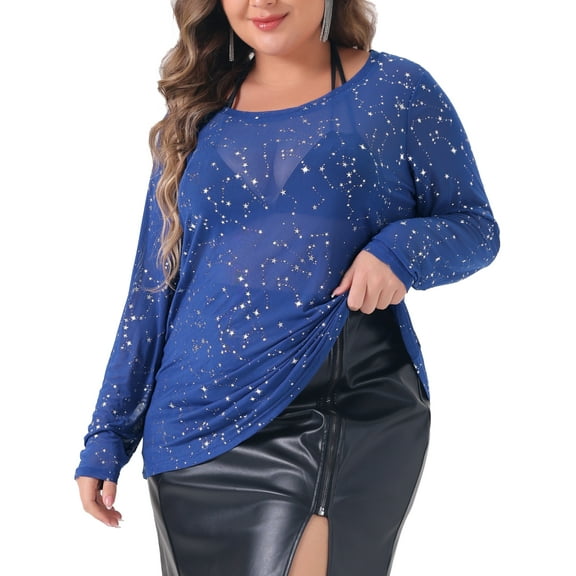 DARING DIVA Women's Plus See Through Mesh Long Sleeve Crew Neck Party Blouse 3X Dark Blue
