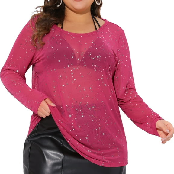 DARING DIVA Women's Plus See Through Mesh Long Sleeve Crew Neck Party Blouse 3X Hot Pink