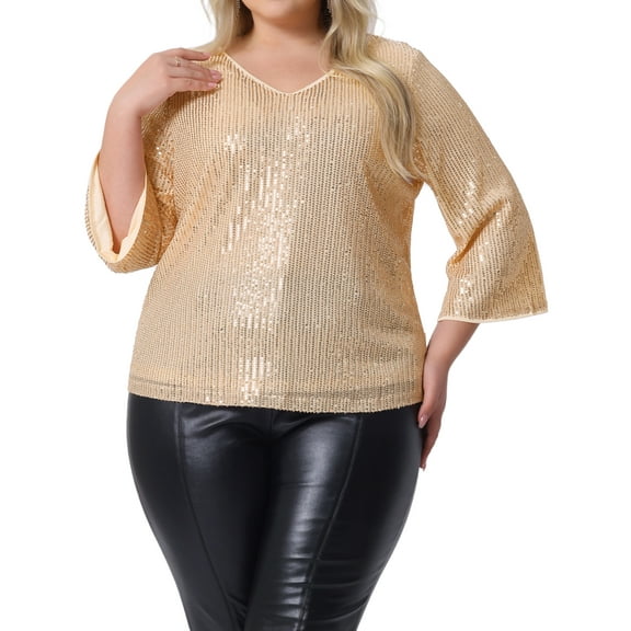 DARING DIVA Women's Plus Sequin 3/4 Sleeve V Neck Glitter Top 1X Champagne