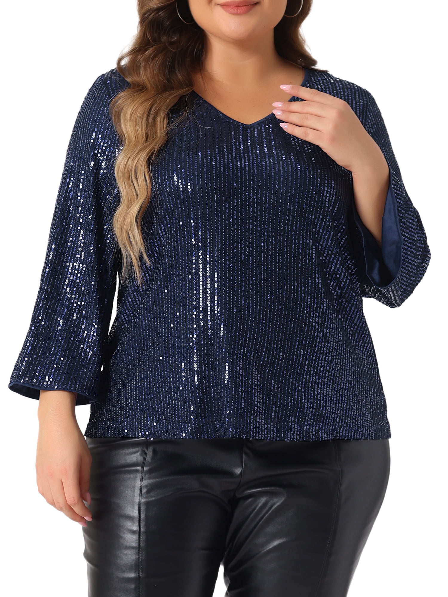 DARING DIVA Women's Plus Sequin 3/4 Sleeve V Neck Glitter Top 1X Navy Blue