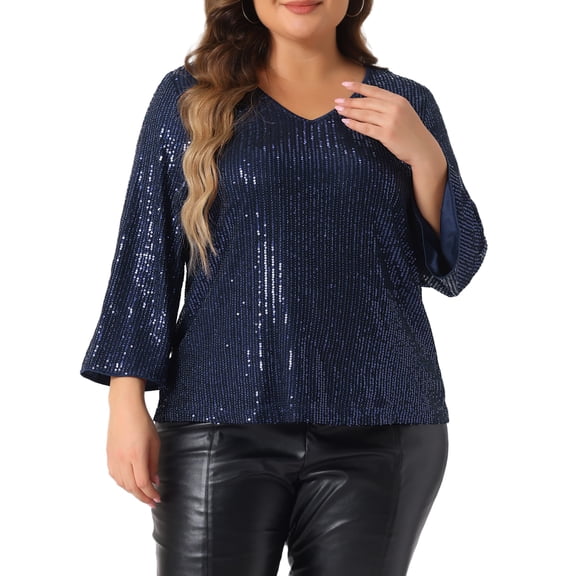 DARING DIVA Women's Plus Sequin 3/4 Sleeve V Neck Glitter Top 2X Navy Blue