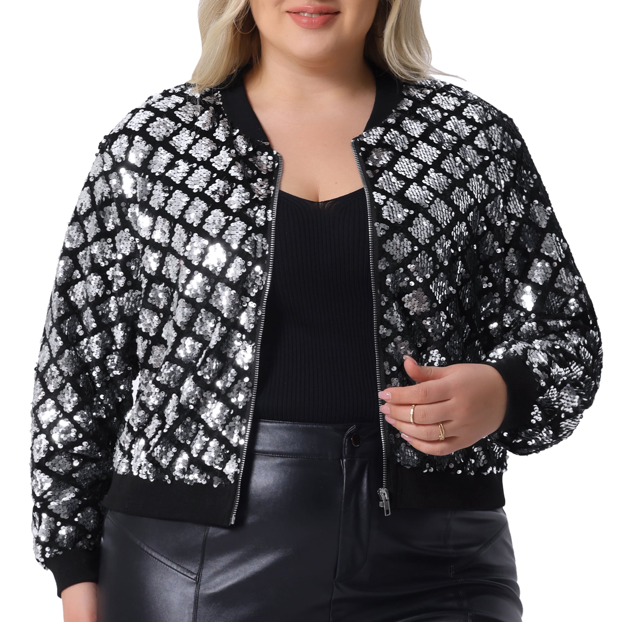 DARING DIVA Women's Plus Sequin Bomber Zipper Long Sleeve Sparkle Jacket 3X silver