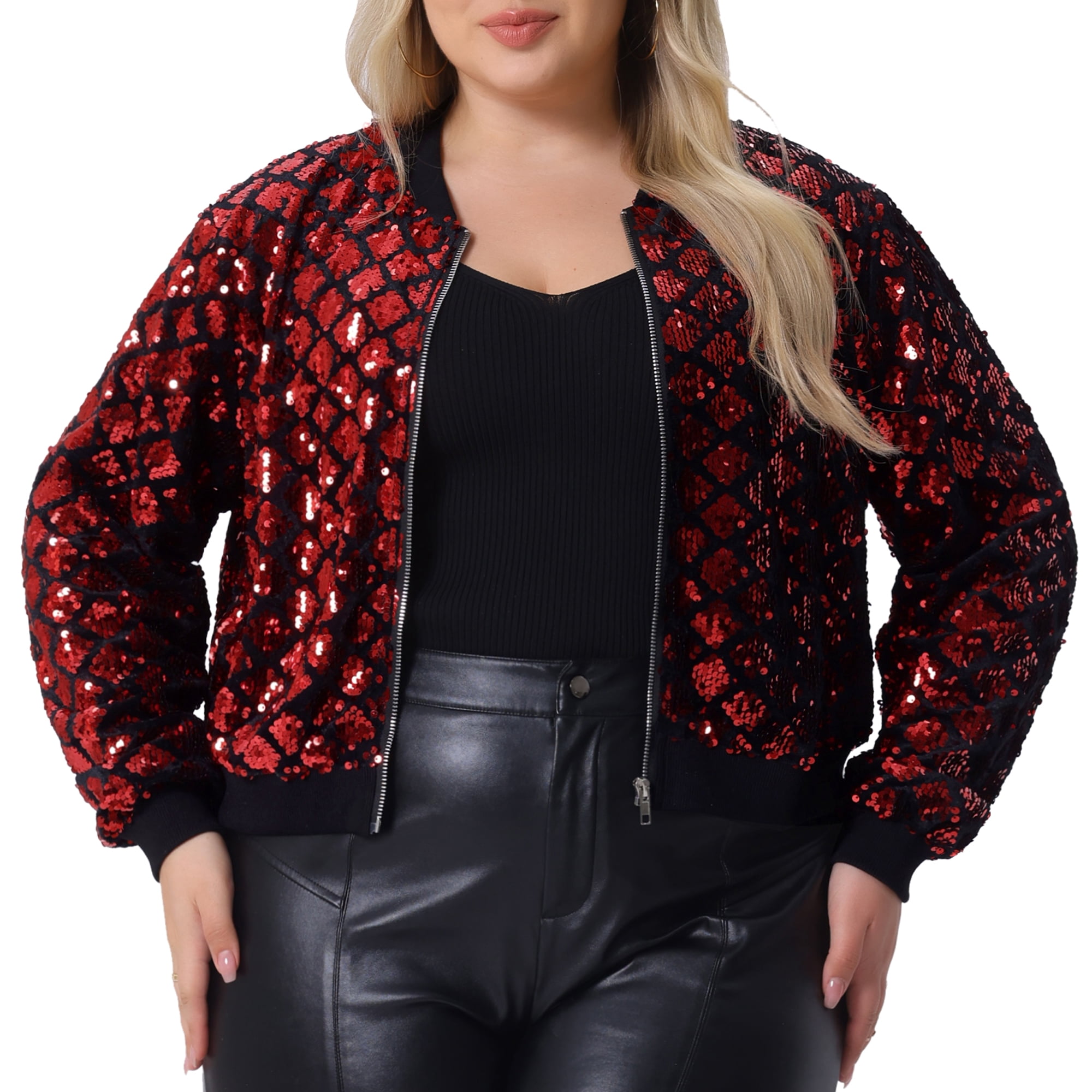 DARING DIVA Women's Plus Sequin Bomber Zipper Long Sleeve Sparkle Jacket 4X Red