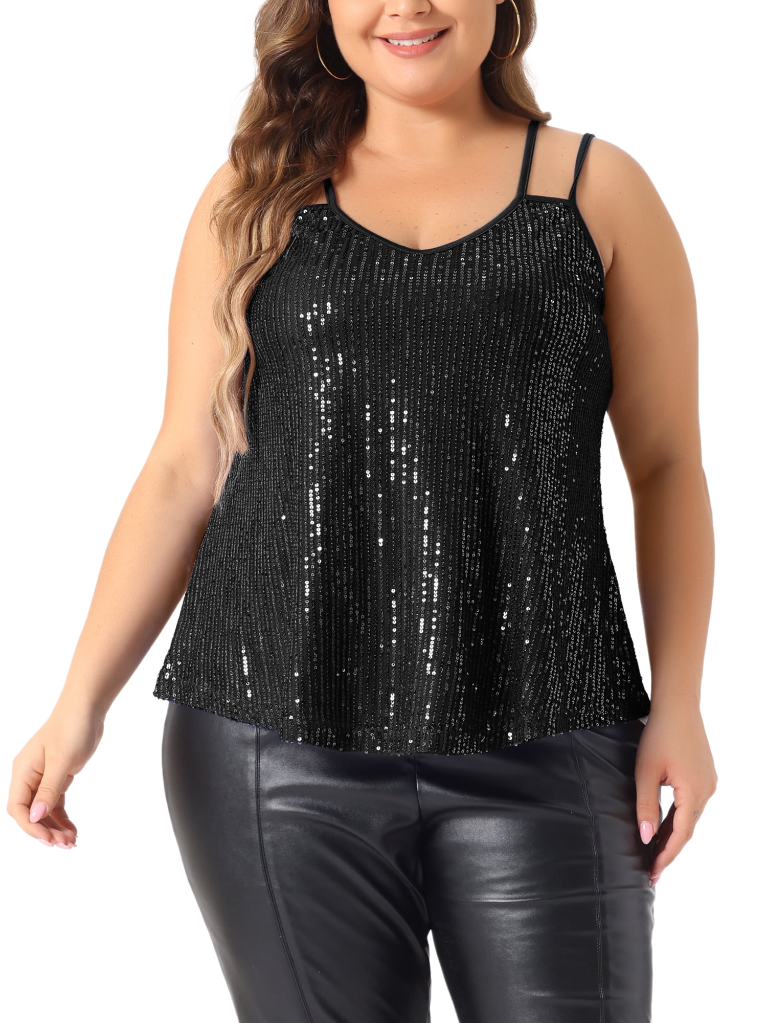 DARING DIVA Women's Plus Sequin Cami Tank Tops with Spaghetti Straps 4X Black