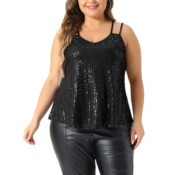 DARING DIVA Women's Plus Sequin Cami Tank Tops with Spaghetti Straps 4X Black