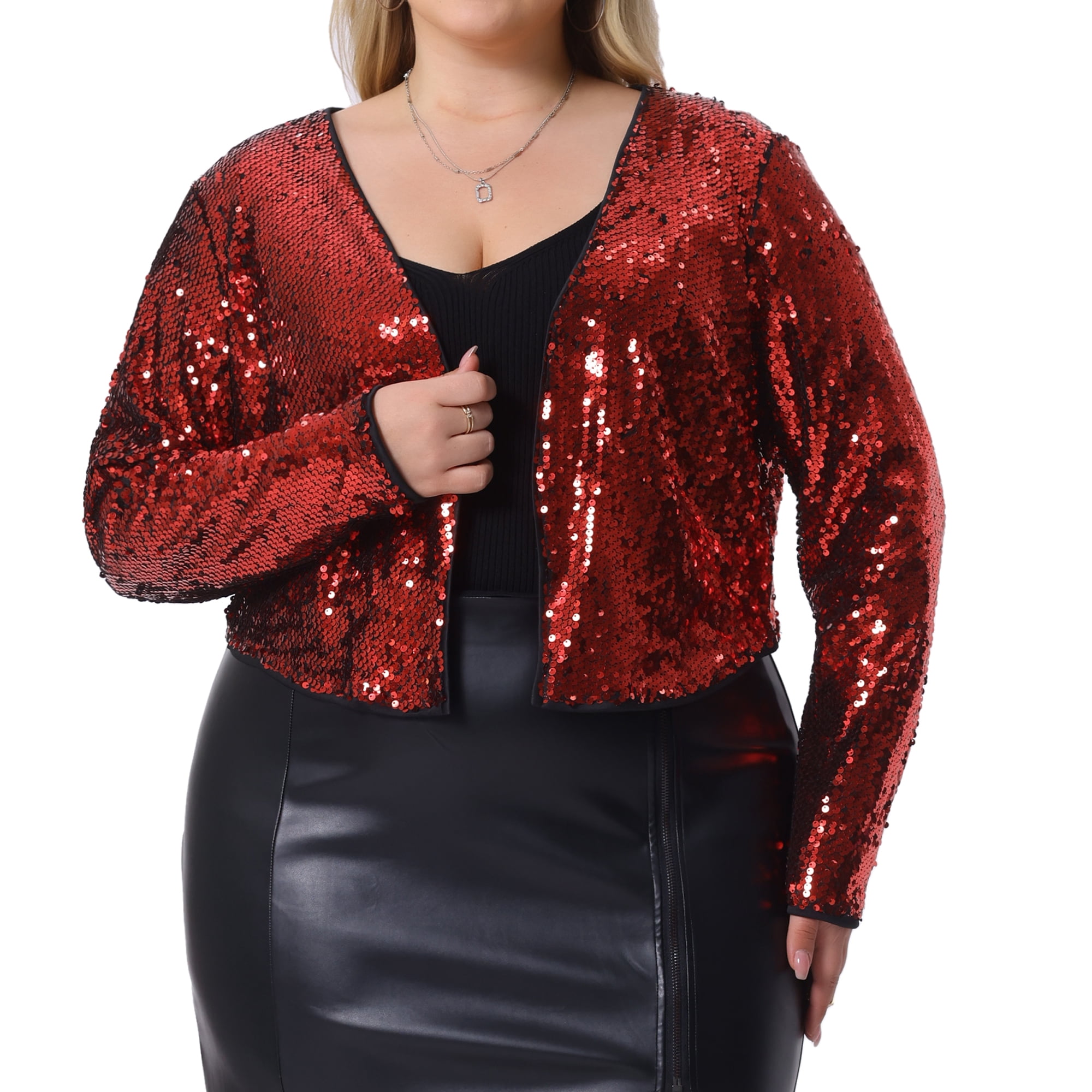 DARING DIVA Women's Plus Sequin Cardigan Glitter Shinny Long Sleeve Shrug 2X Red