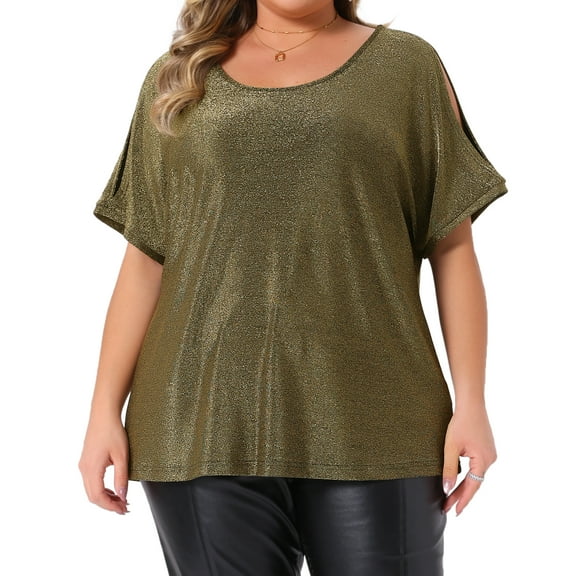 DARING DIVA Women's Plus Sequin Cold Shoulder Glitter Blouse 1X Gold