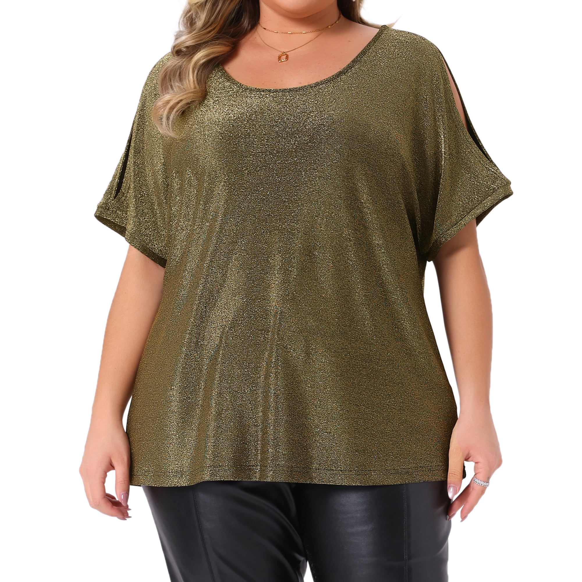 DARING DIVA Women's Plus Sequin Cold Shoulder Glitter Blouse 3X Gold