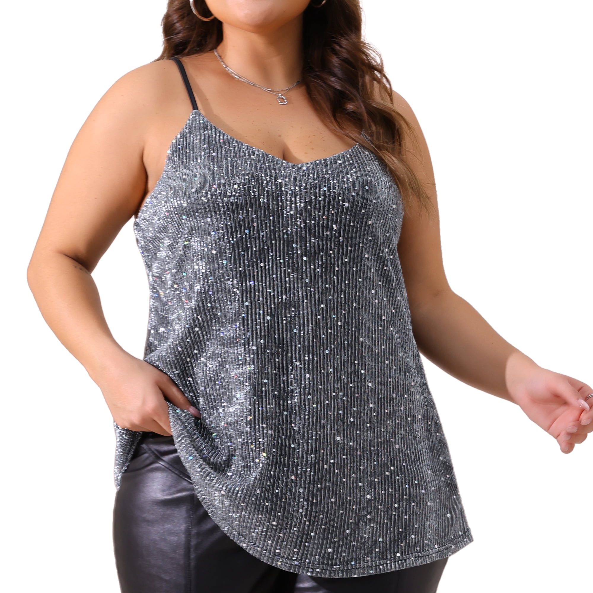 DARING DIVA Women's Plus Sequin Glitter Cami Sleeveless Party Tank Top 2X Silver