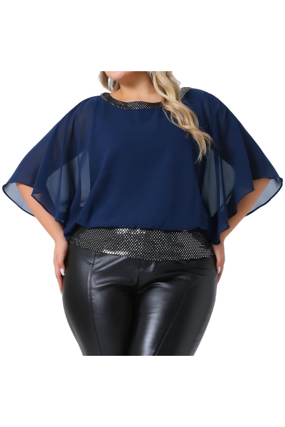Women's Plus Sequin Half Batwing Sleeve Glitter Party Blouse 1X Navy Blue