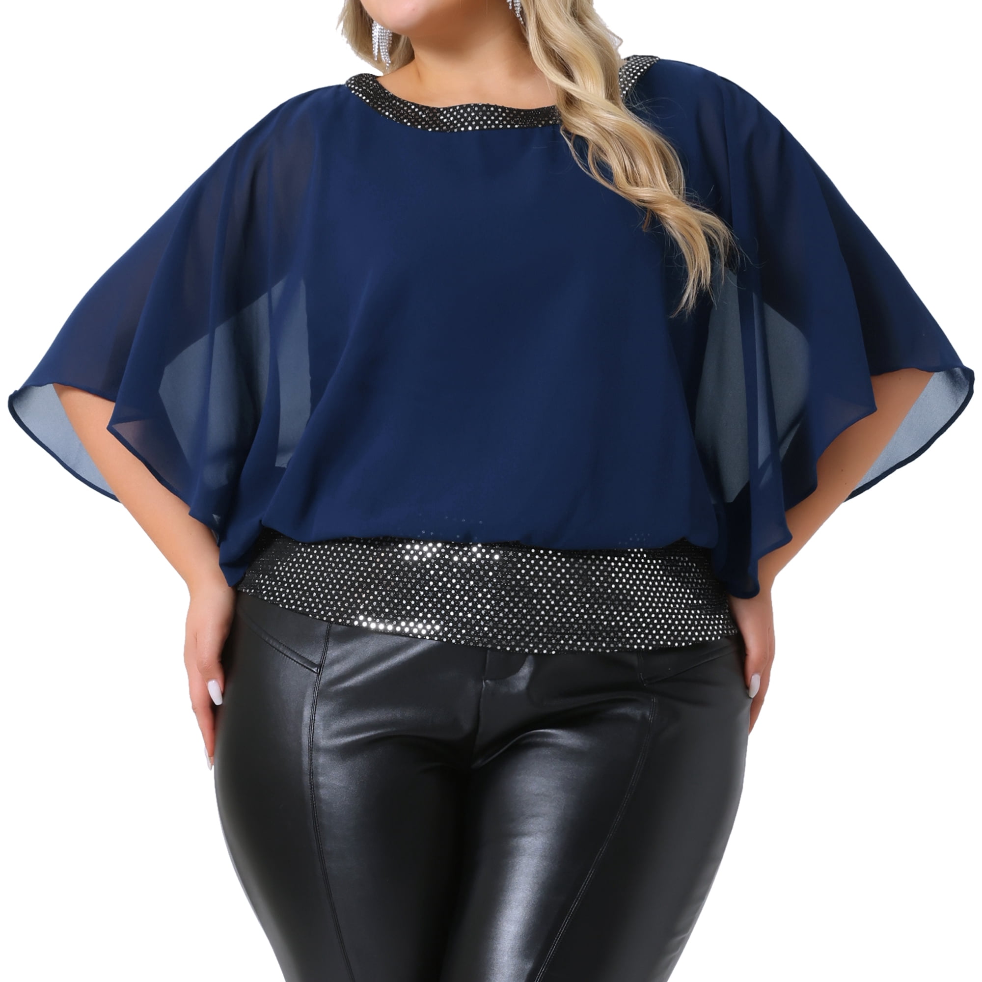 DARING DIVA Women's Plus Sequin Half Batwing Sleeve Glitter Party Blouse 2X Navy Blue