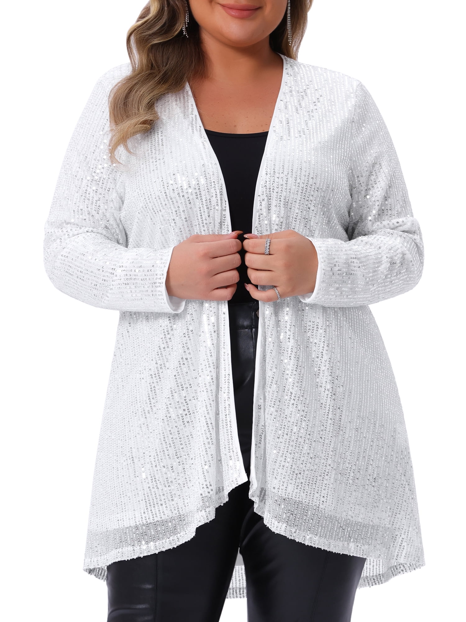 DARING DIVA Women's Plus Sequin Long Sleeve Open Front Outerwear Coat 1X Silver