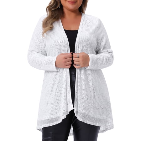DARING DIVA Women's Plus Sequin Long Sleeve Open Front Outerwear Coat 4X Silver