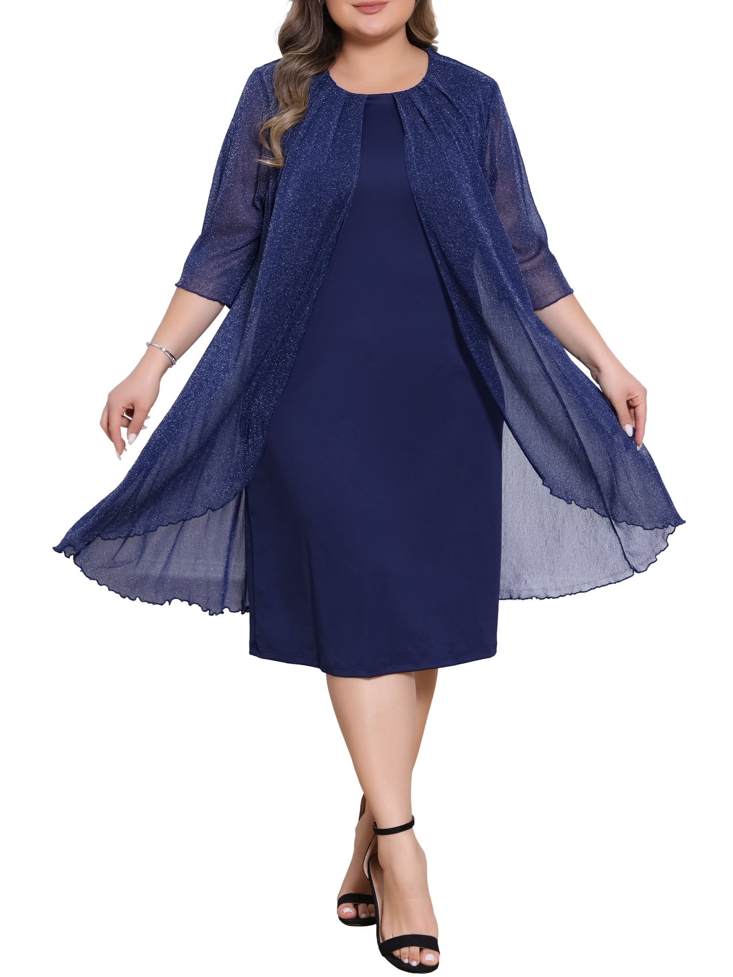 DARING DIVA Women's Plus Sequin Mesh Cape Cocktail Dress 1X Navy Blue