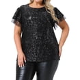 thumbnail image 1 of DARING DIVA Women's Plus Sequin Ruffle Short Sleeve Glitter Top 1X Black, 1 of 6