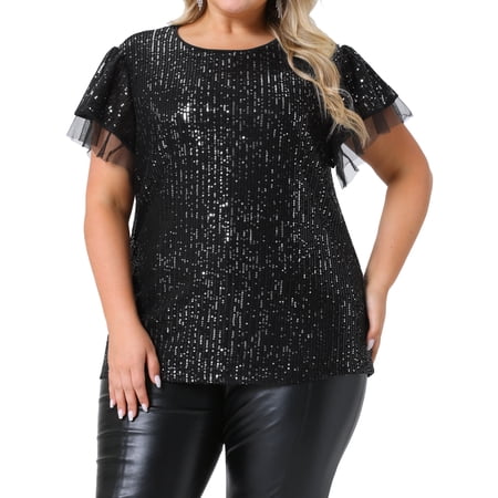 DARING DIVA Women's Plus Sequin Ruffle Short Sleeve Glitter Top 1X Black