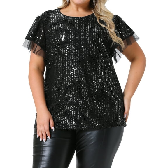DARING DIVA Women's Plus Sequin Ruffle Short Sleeve Glitter Top 1X Black