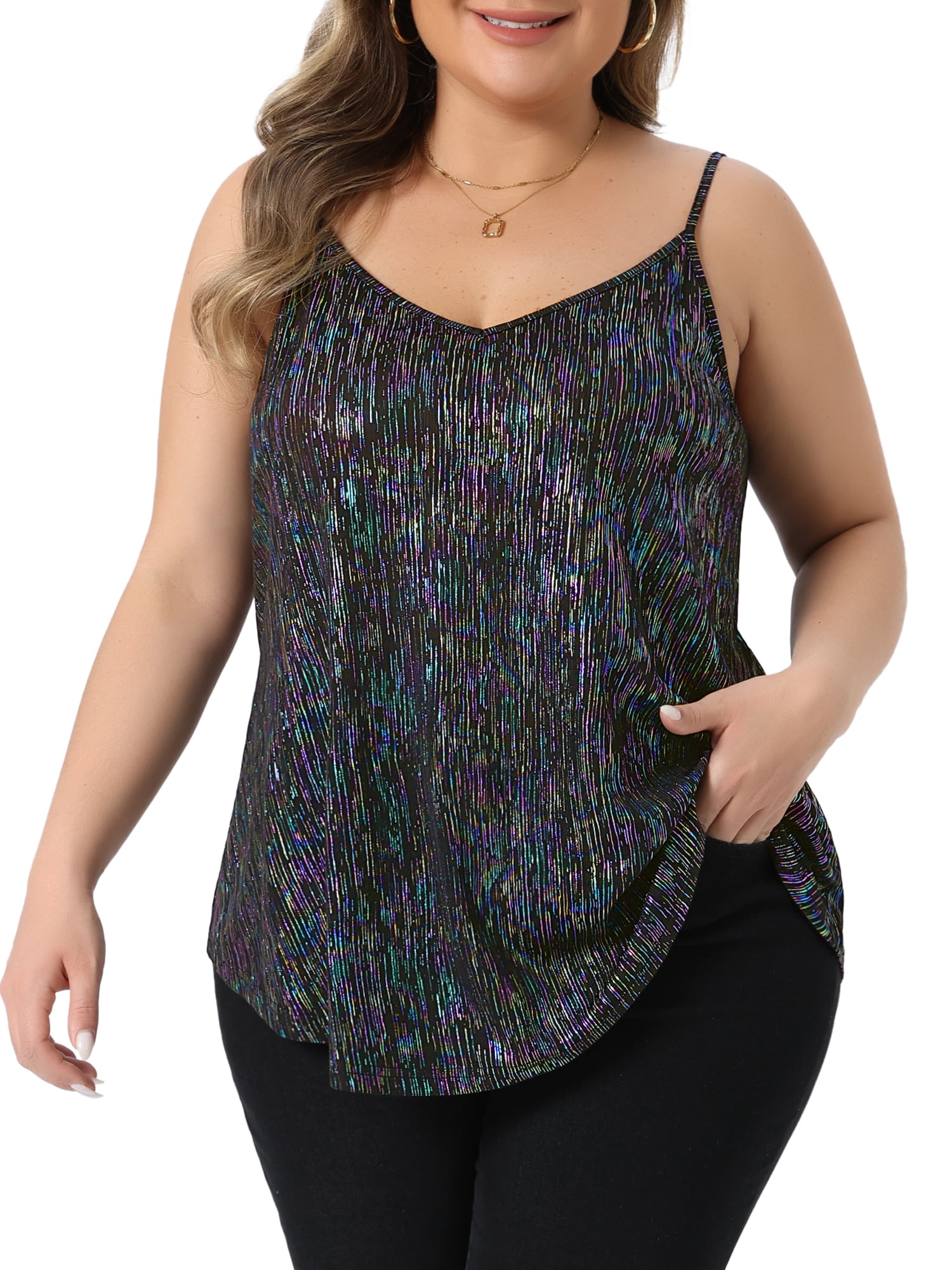 DARING DIVA Women's Plus Sequin Tank Tops V Neck Bronzing Glitter Cami Vest 3X Colorful
