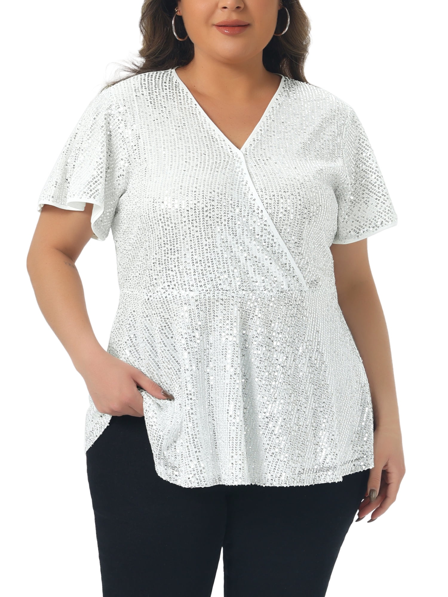 DARING DIVA Women's Plus Sequin V Neck Faux Wrap Metallic Shirt 2X Silver