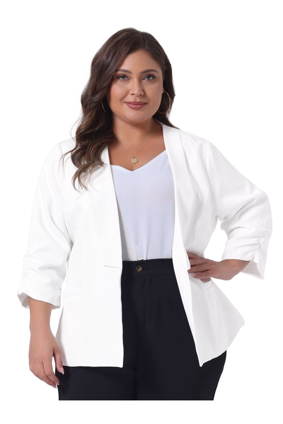 Women's Plus Shawl Collar 3/4 Ruched Sleeve Blazers White 1X