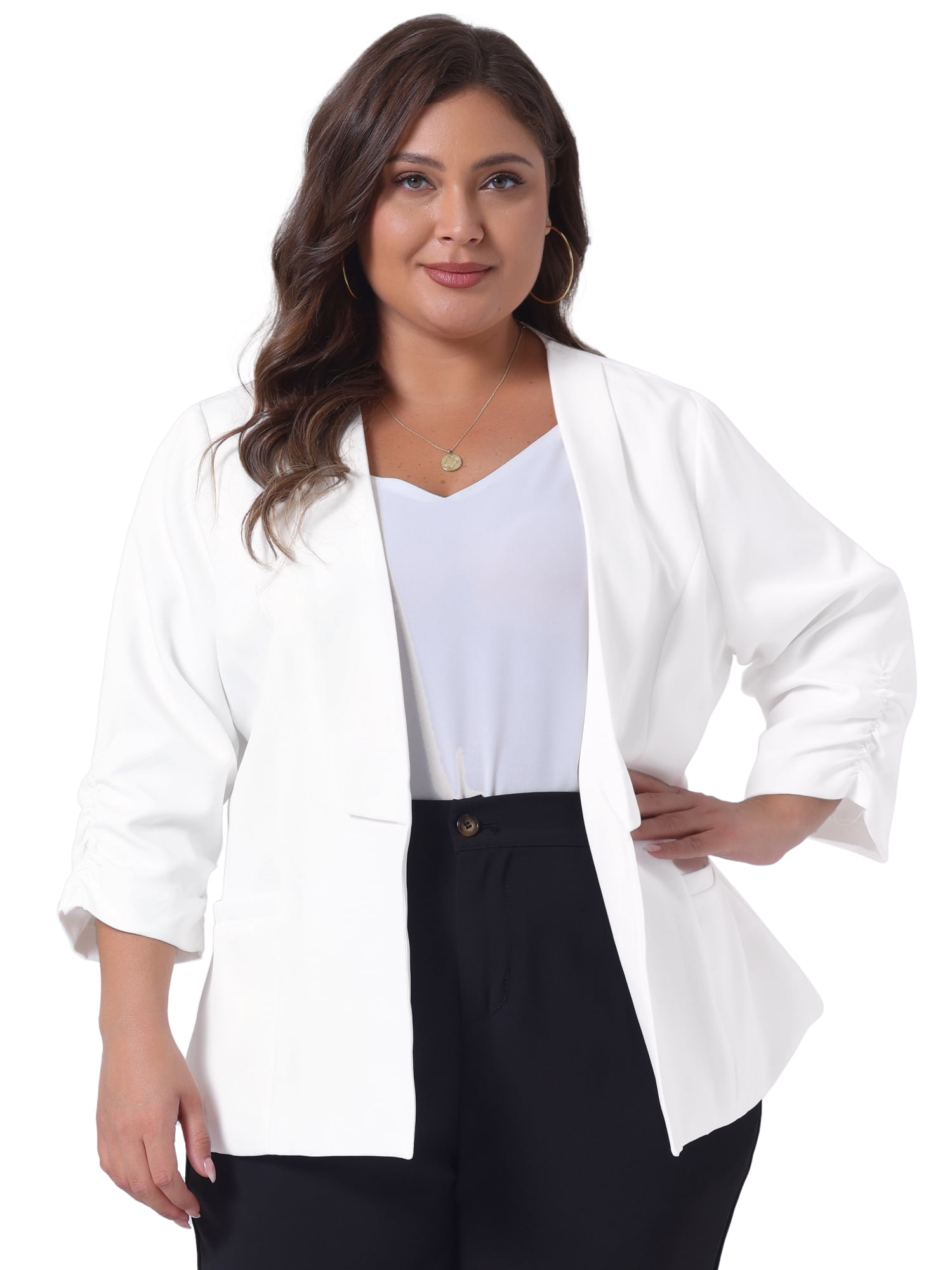 DARING DIVA Women's Plus Shawl Collar 3/4 Ruched Sleeve Blazers White 2X