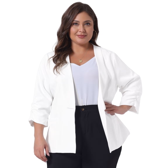 DARING DIVA Women's Plus Shawl Collar 3/4 Ruched Sleeve Blazers White 2X