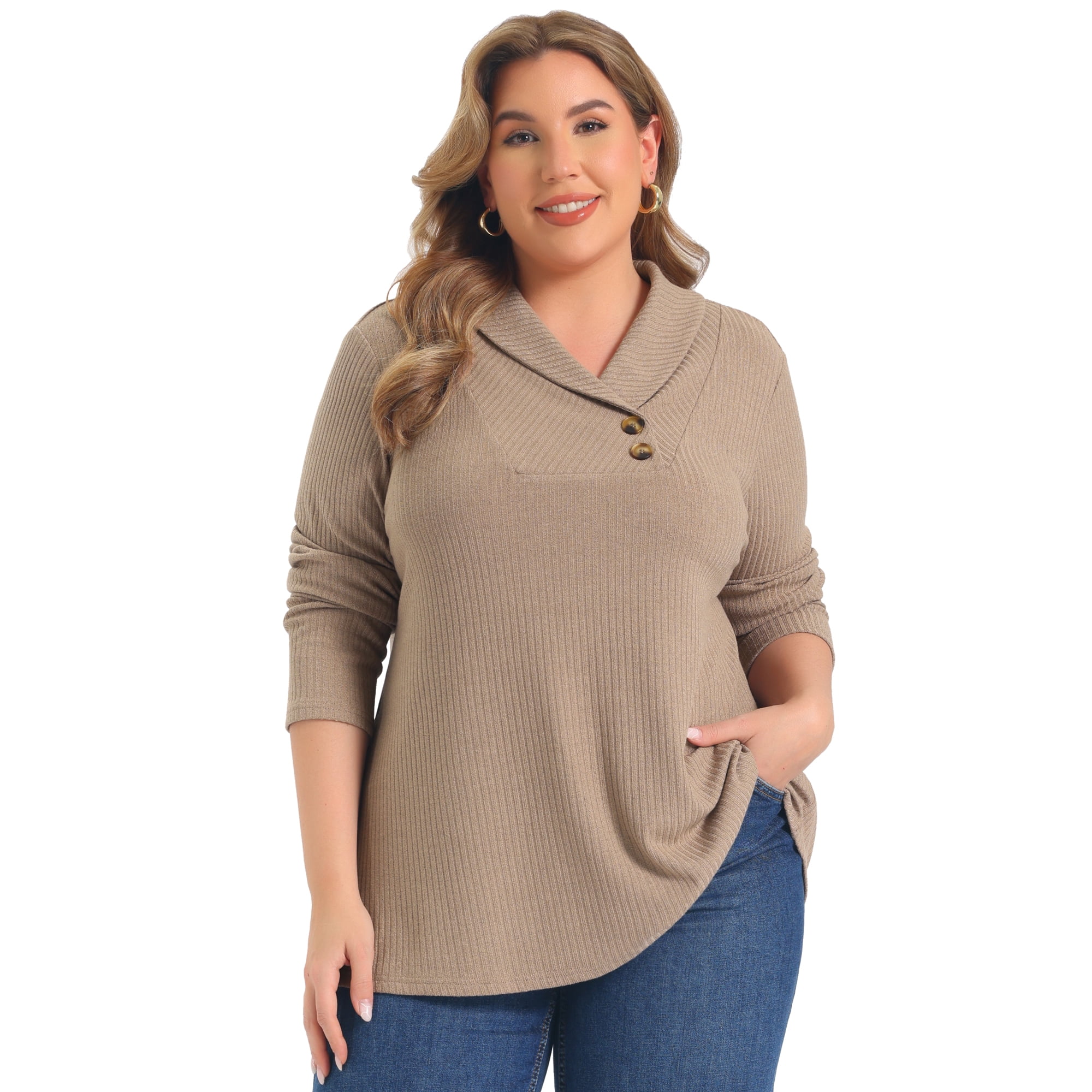 DARING DIVA Women's Plus Shawl Collar Button Decor V Neck Tops 3X Khaki
