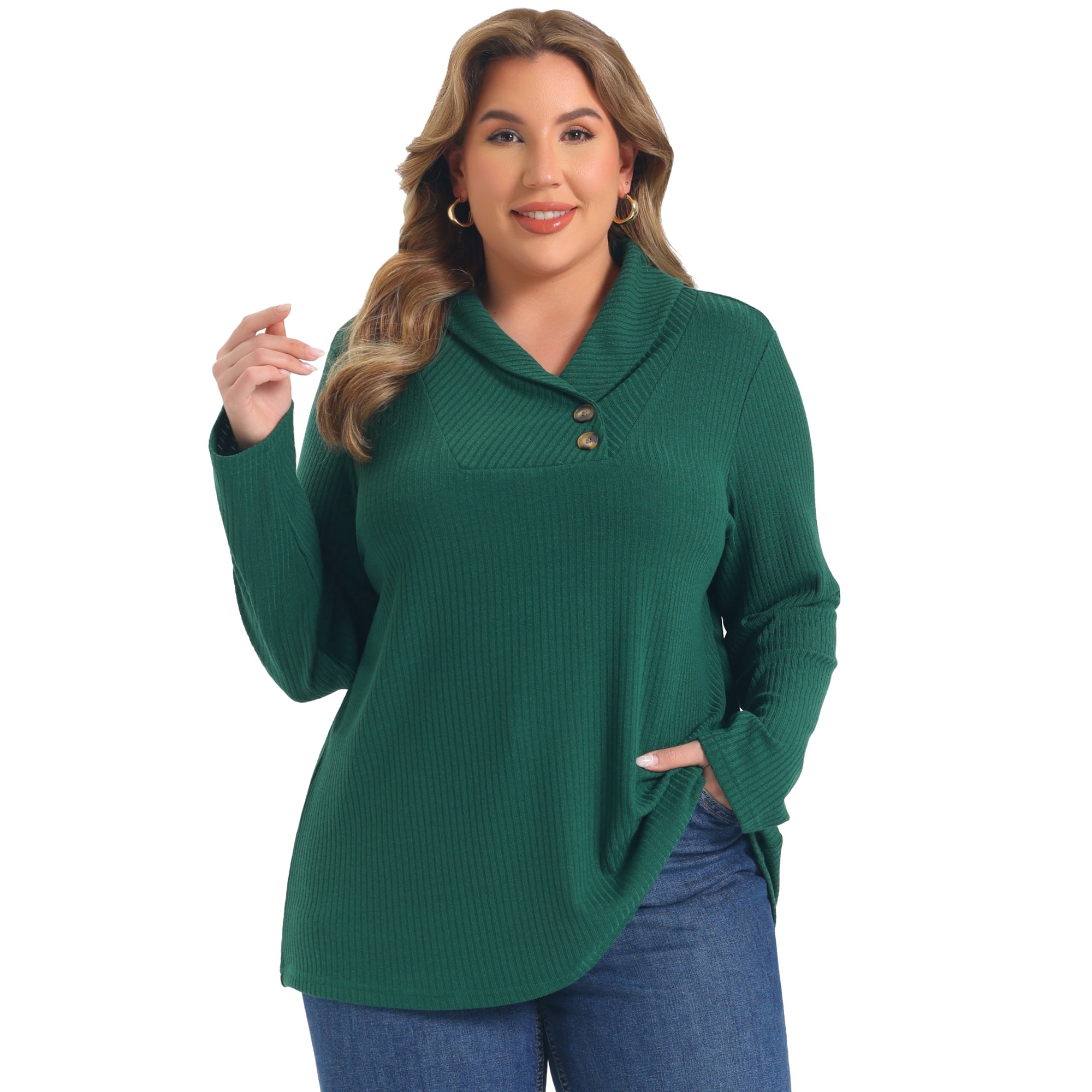 DARING DIVA Women's Plus Shawl Collar Button Decor V Neck Tops 4X Dark Green