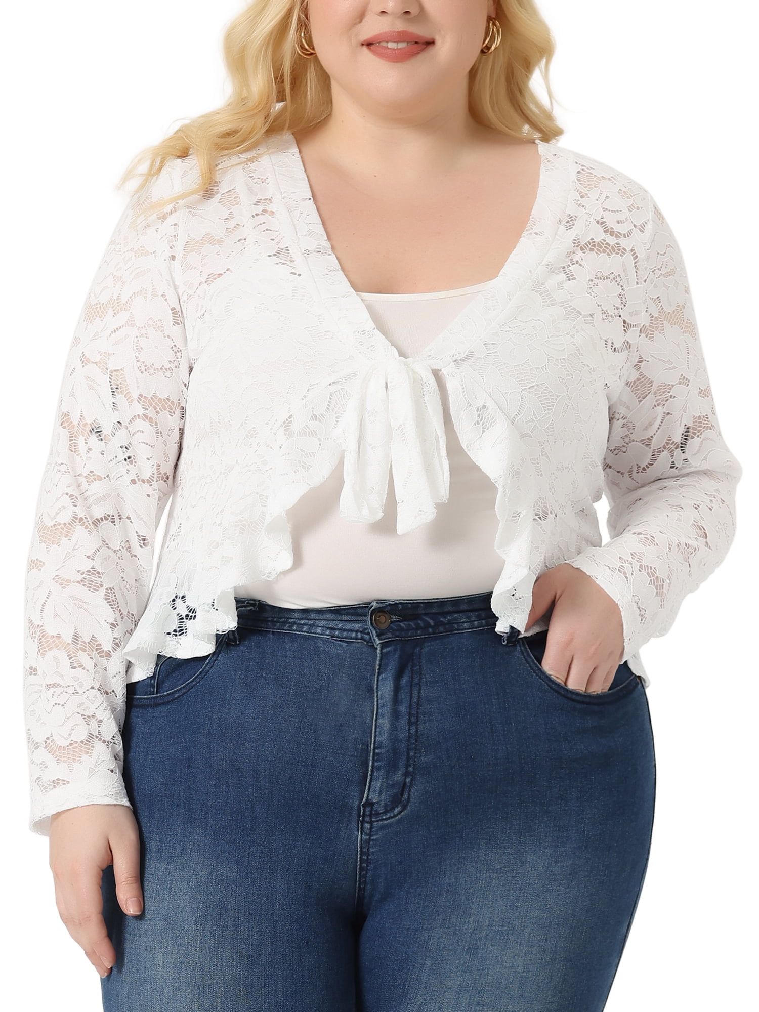DARING DIVA Women's Plus Sheer Lace Shrug Bolero Crop Cardigans 1X White
