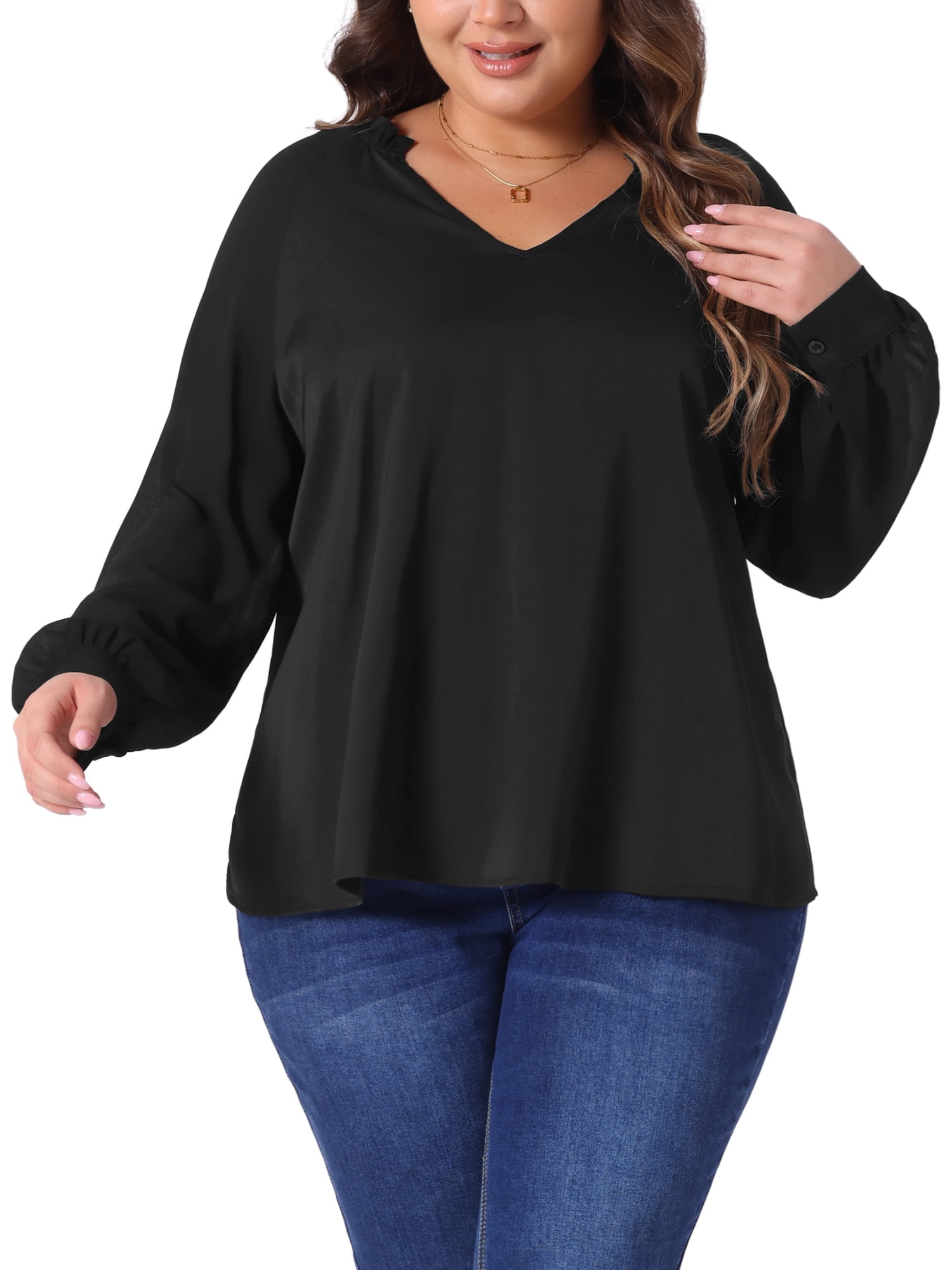DARING DIVA Women's Plus Sheer Ruffle Notched V Neck Blouse 4X Black