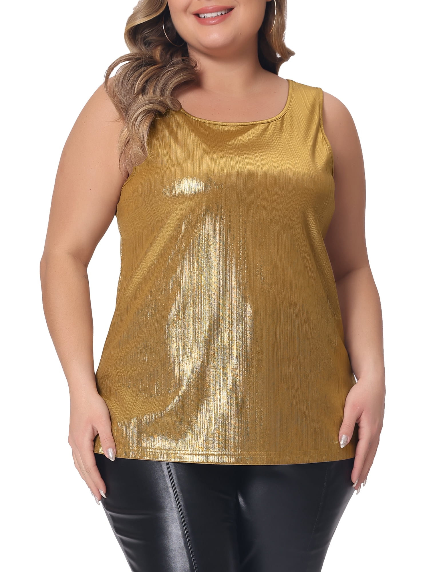DARING DIVA Women's Plus Shiny Metallic Tank Top Sleeveless Party Blouse 2XL Gold