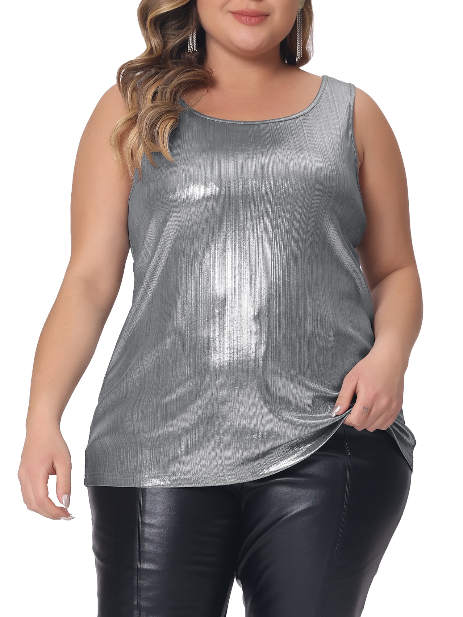DARING DIVA Women's Plus Shiny Metallic Tank Top Sleeveless Party Blouse 3XL Silver