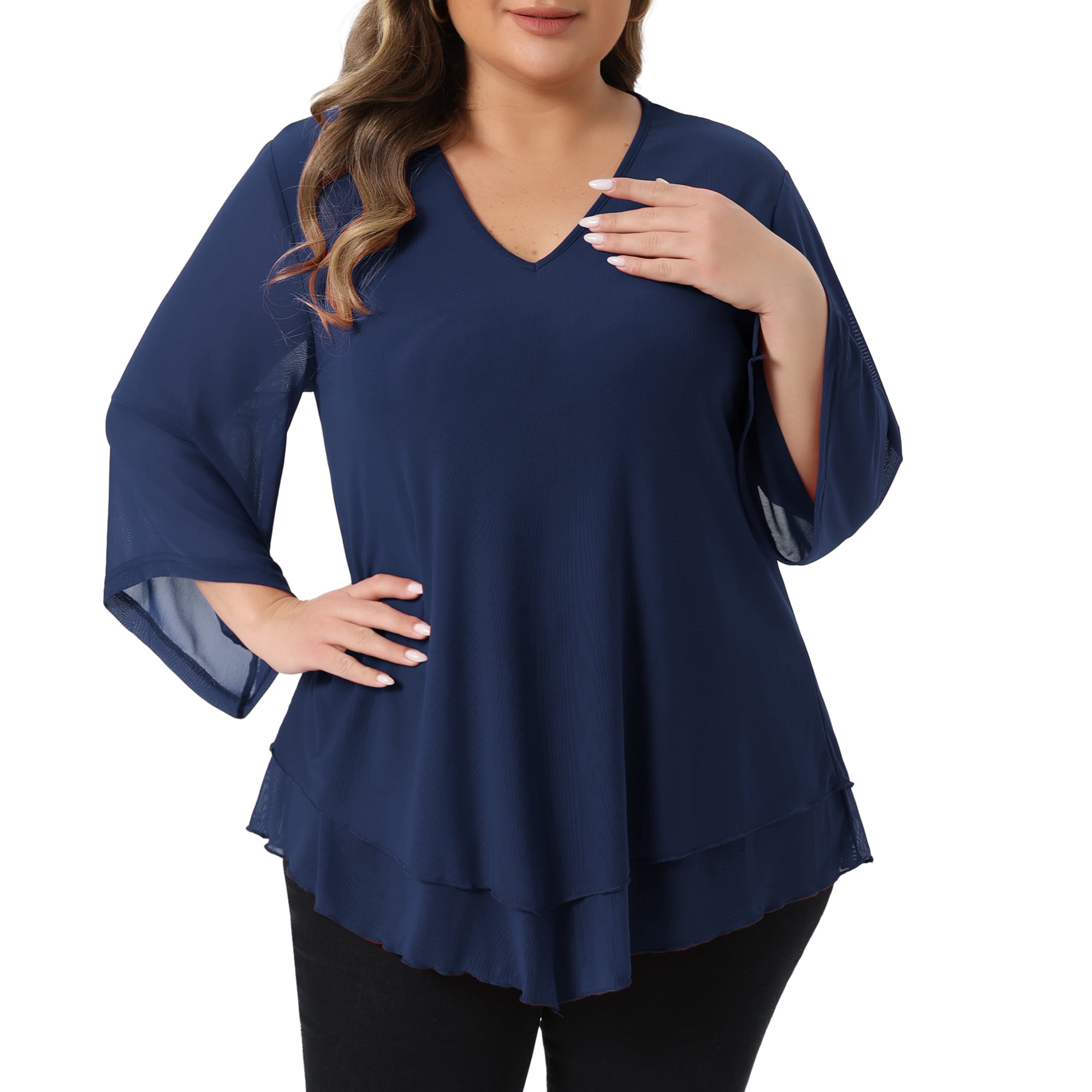 DARING DIVA Women's Plus Shirt 3/4 Sleeve Scoop Neck Double Layers Blouse Top 4X Navy Blue