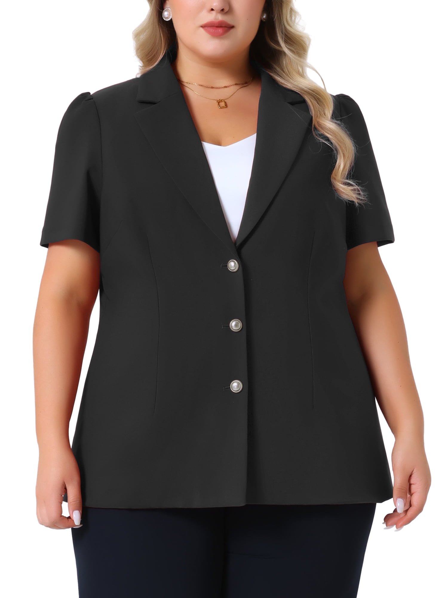 DARING DIVA Women's Plus Short Puff Sleeve Notched Lapel Blazer Jackets Black 3X