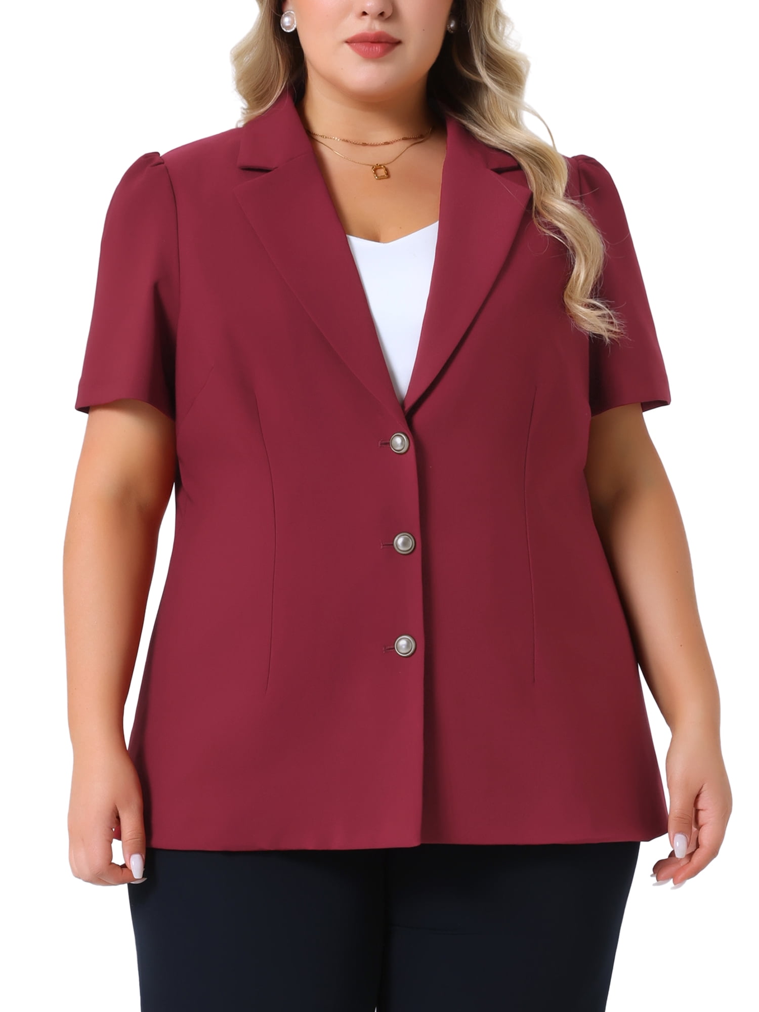 DARING DIVA Women's Plus Short Puff Sleeve Notched Lapel Blazer Jackets Burgundy 3X