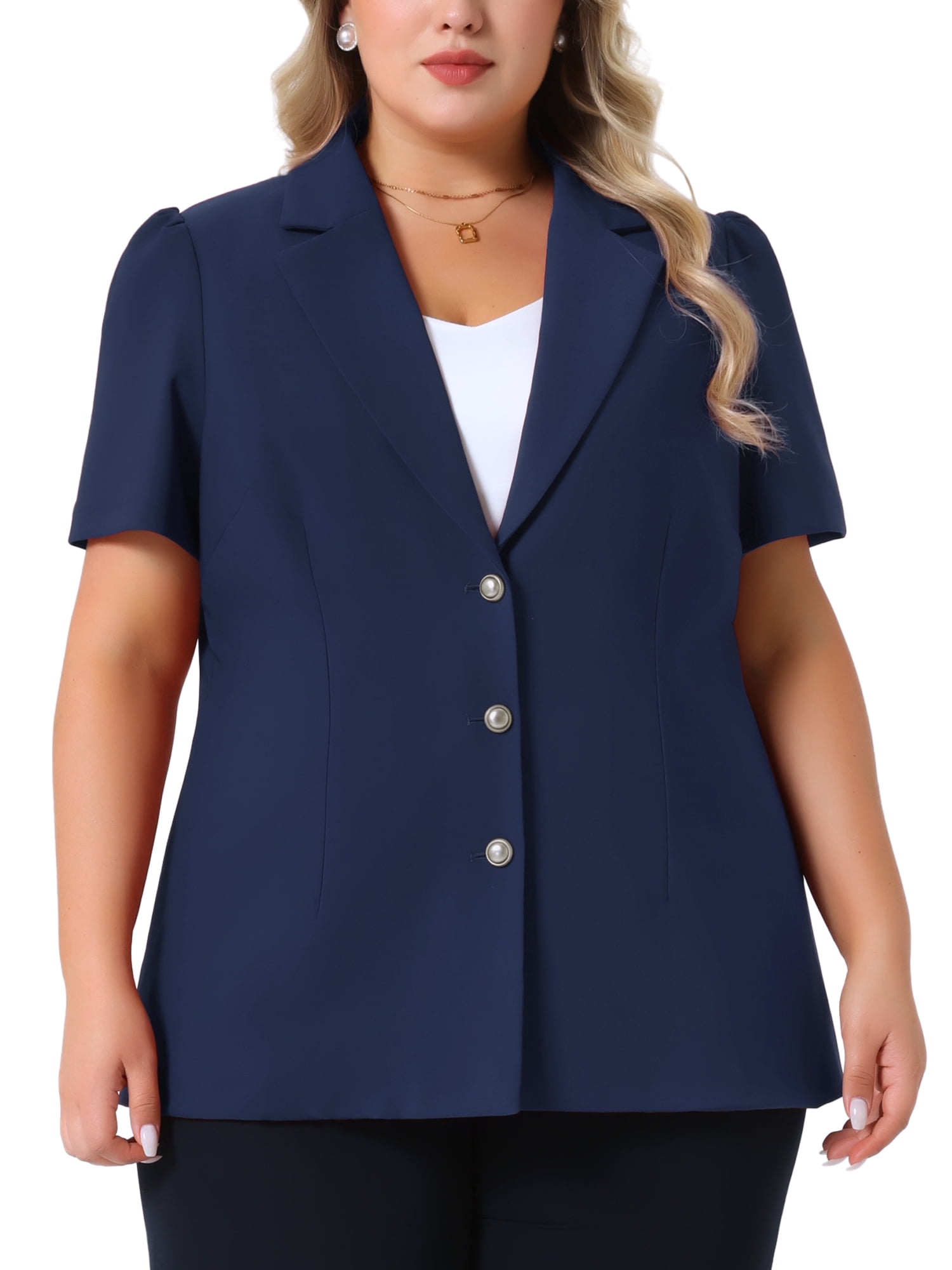 DARING DIVA Women's Plus Short Puff Sleeve Notched Lapel Blazer Jackets Navy Blue 3X