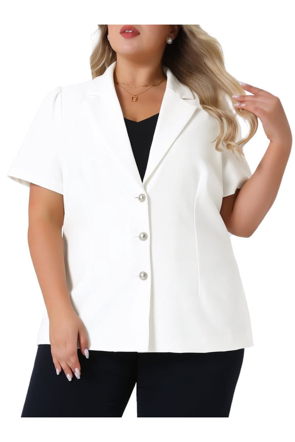 Women's Plus Short Puff Sleeve Notched Lapel Blazer Jackets White 1X