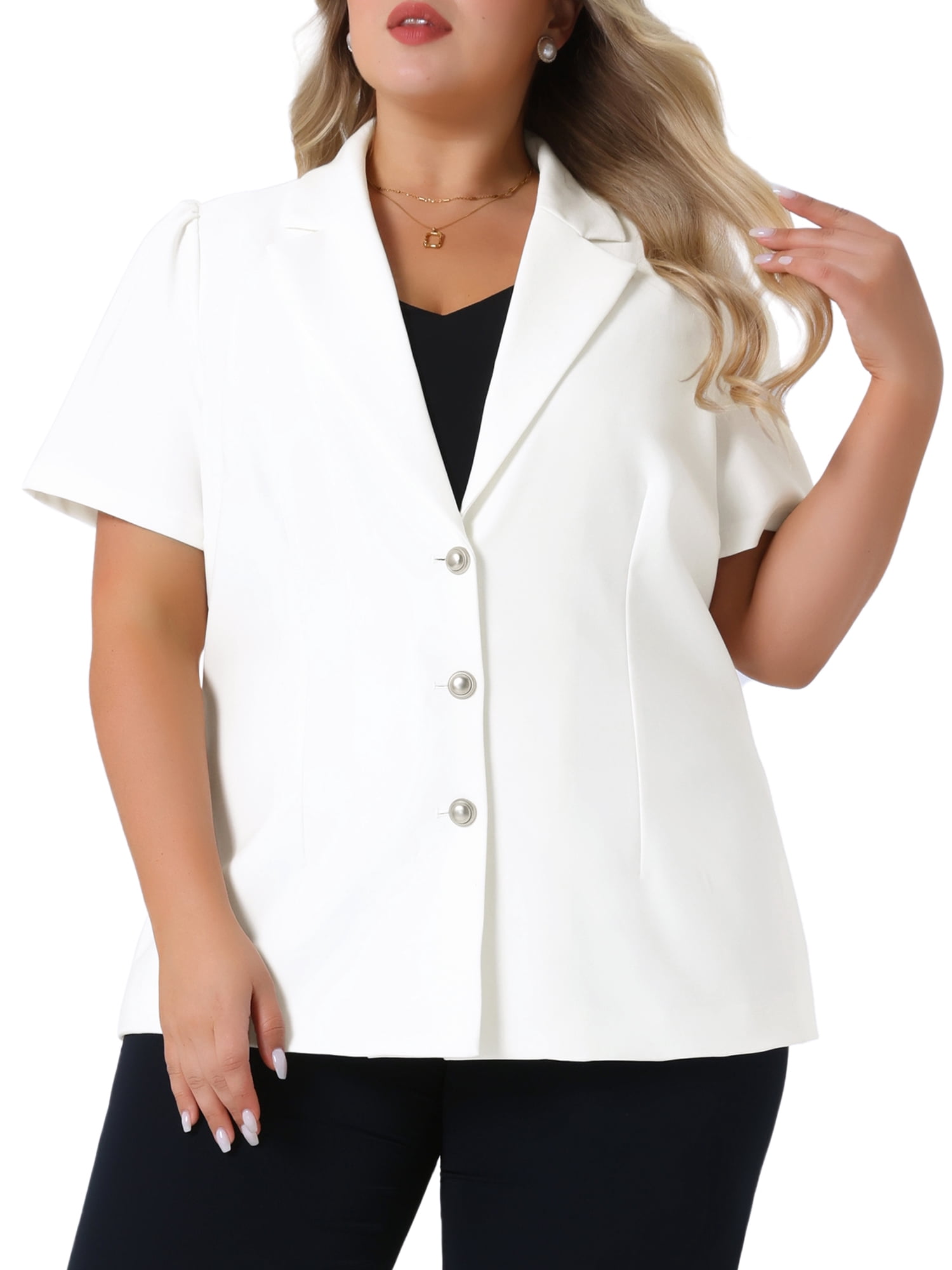 DARING DIVA Women's Plus Short Puff Sleeve Notched Lapel Blazer Jackets White 4X
