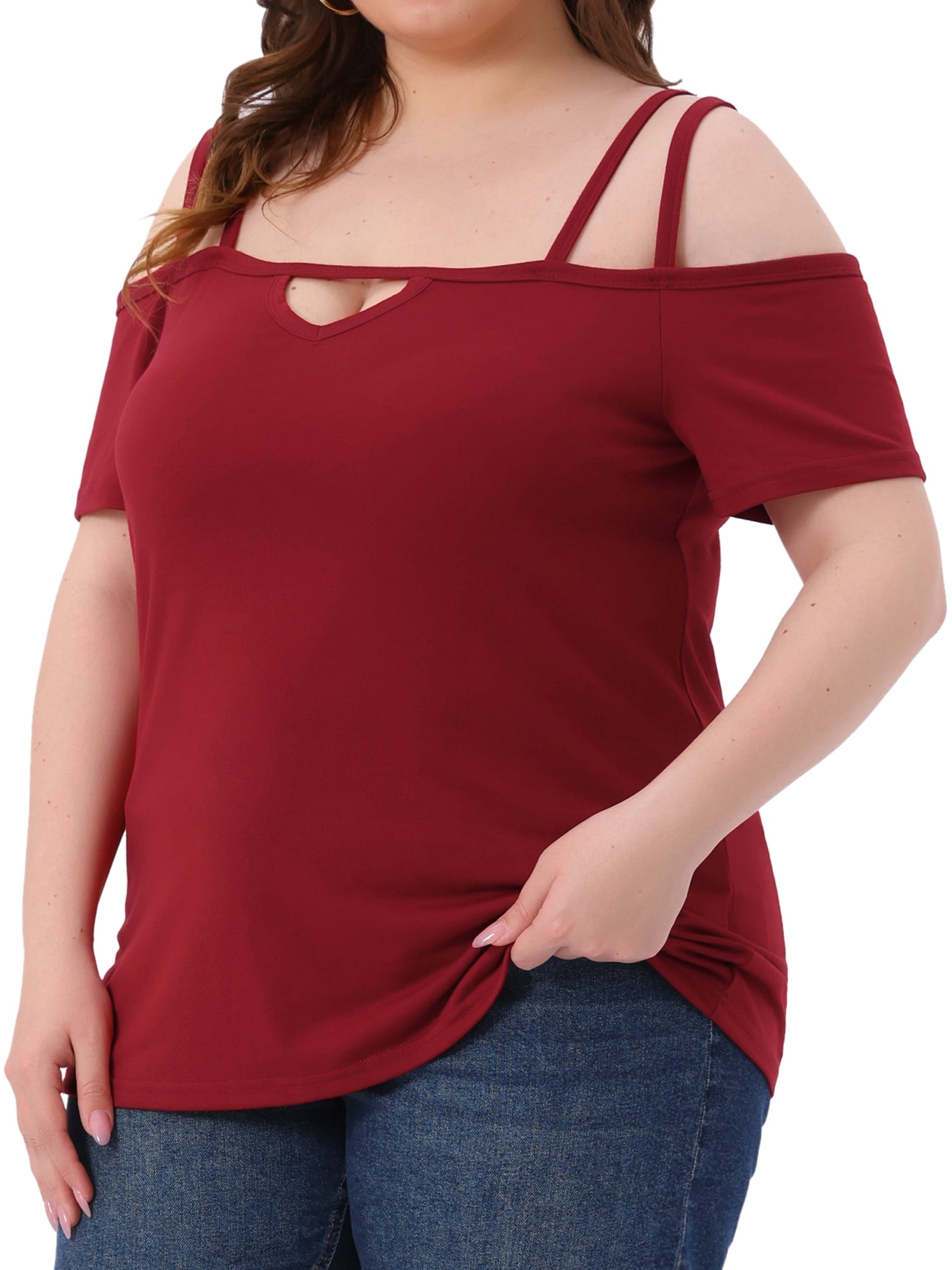DARING DIVA Women's Plus Short Sleeve Cold Shoulder Tops Blouses Shirt 1X Red