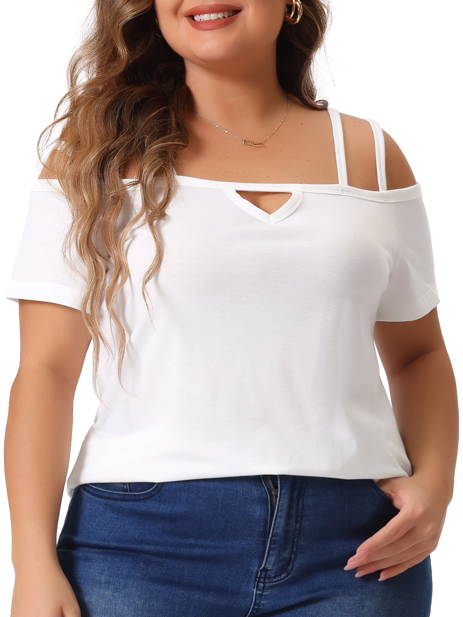 DARING DIVA Women's Plus Short Sleeve Cold Shoulder Tops Blouses Shirt 3X White