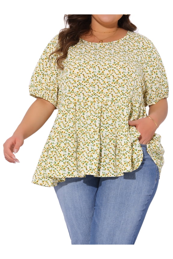 Women's Plus Short Sleeve Crew Neck Casual Babydoll Top 2X Yellow