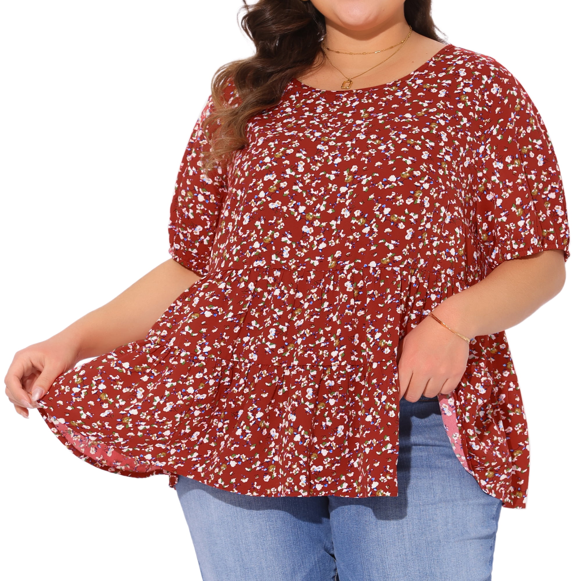 DARING DIVA Women's Plus Short Sleeve Crew Neck Casual Babydoll Top 3X Red