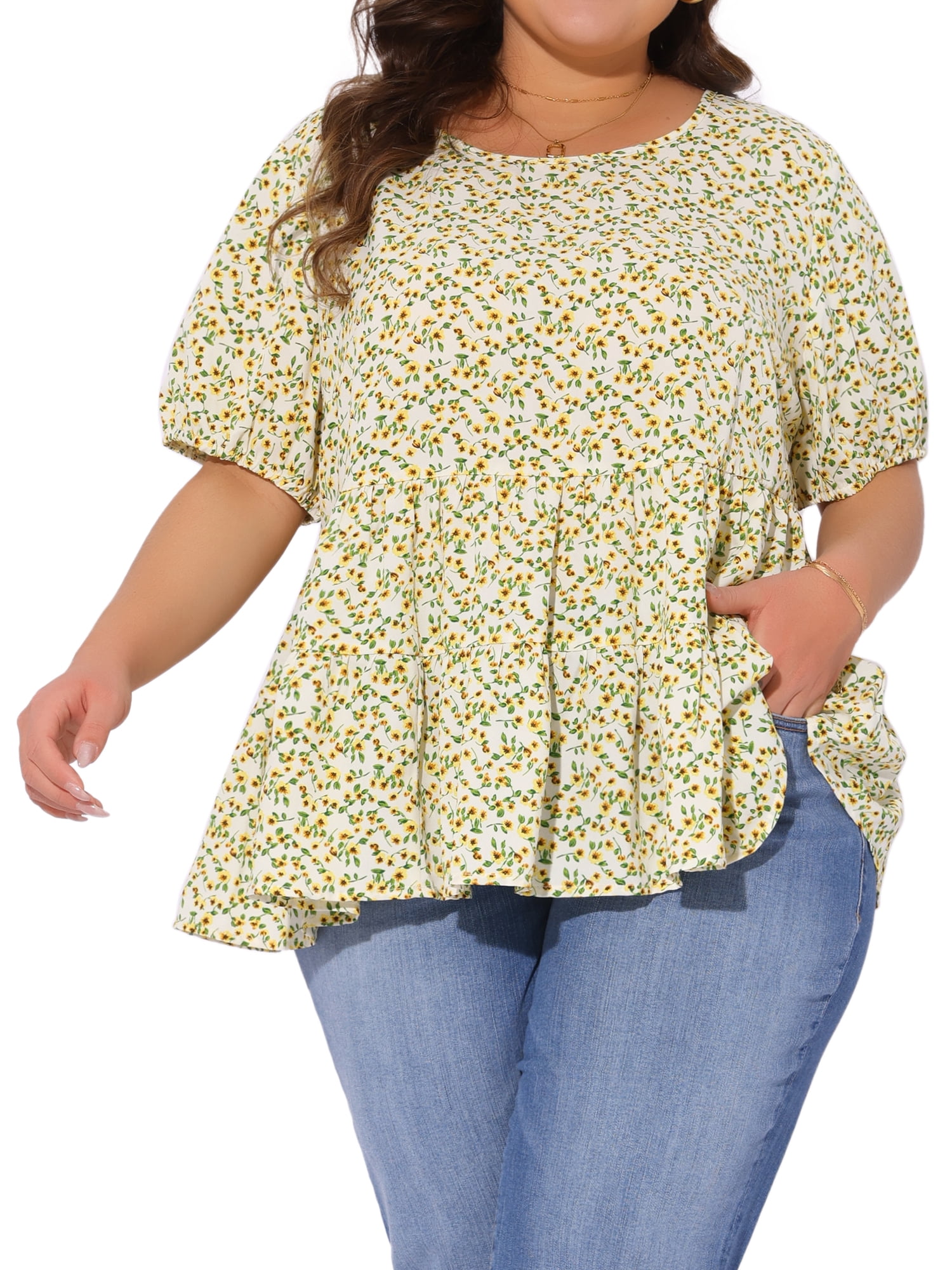 DARING DIVA Women's Plus Short Sleeve Crew Neck Casual Babydoll Top 3X Yellow