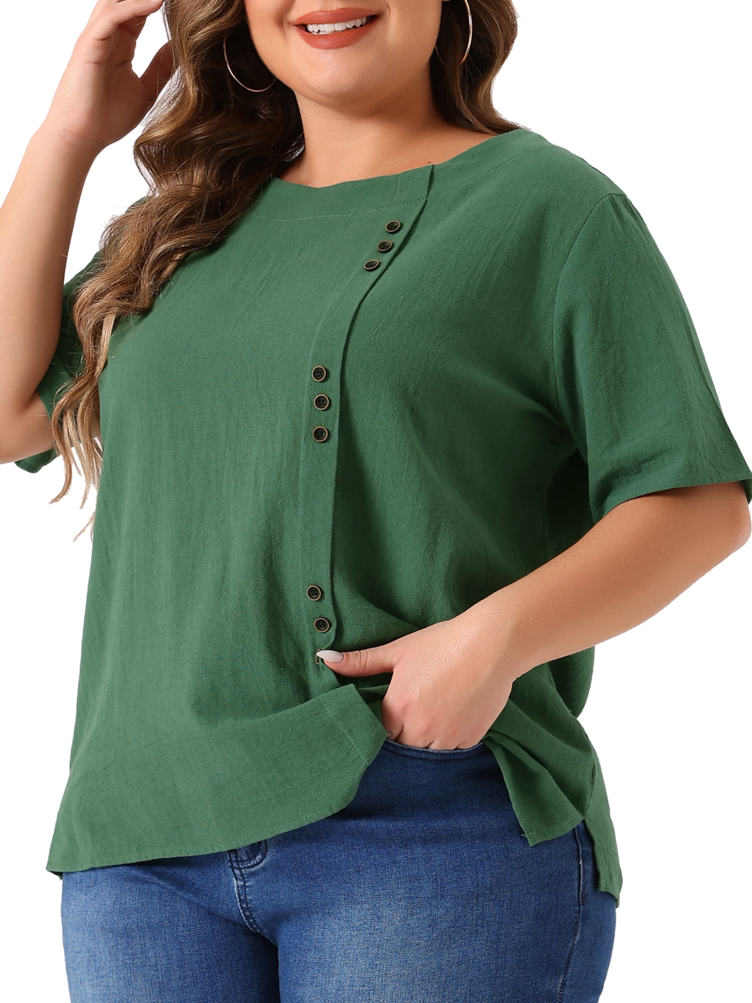 Women's Plus Top Short Sleeve Crew Neck Cotton Linen Blouses Top T Shirt 4X Army Green