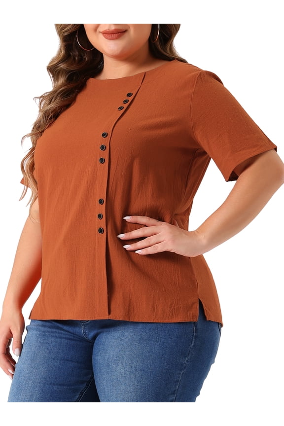 Women's Plus Short Sleeve Crew Neck Cotton Linen Blouse 4X Brown