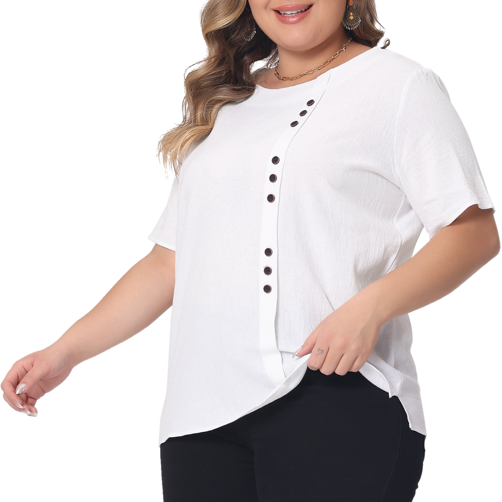 Women's Plus Top Short Sleeve Crew Neck Cotton Linen Blouses Top T Shirt 4X White