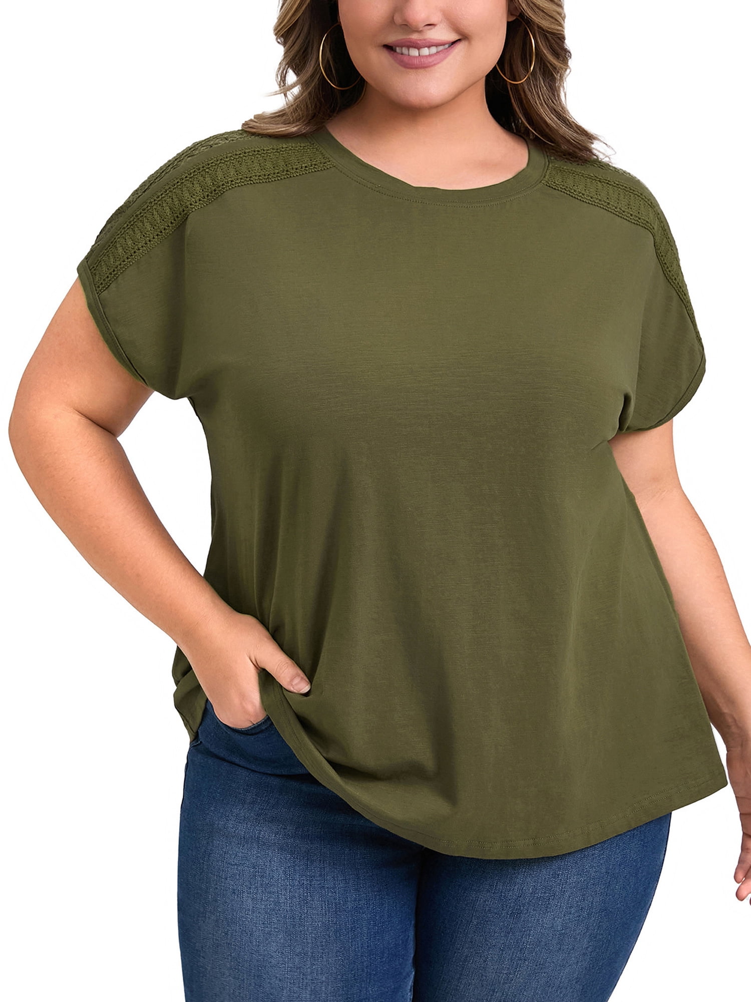 DARING DIVA Women's Plus Short Sleeve Lace Trim Blouse 4X Army Green