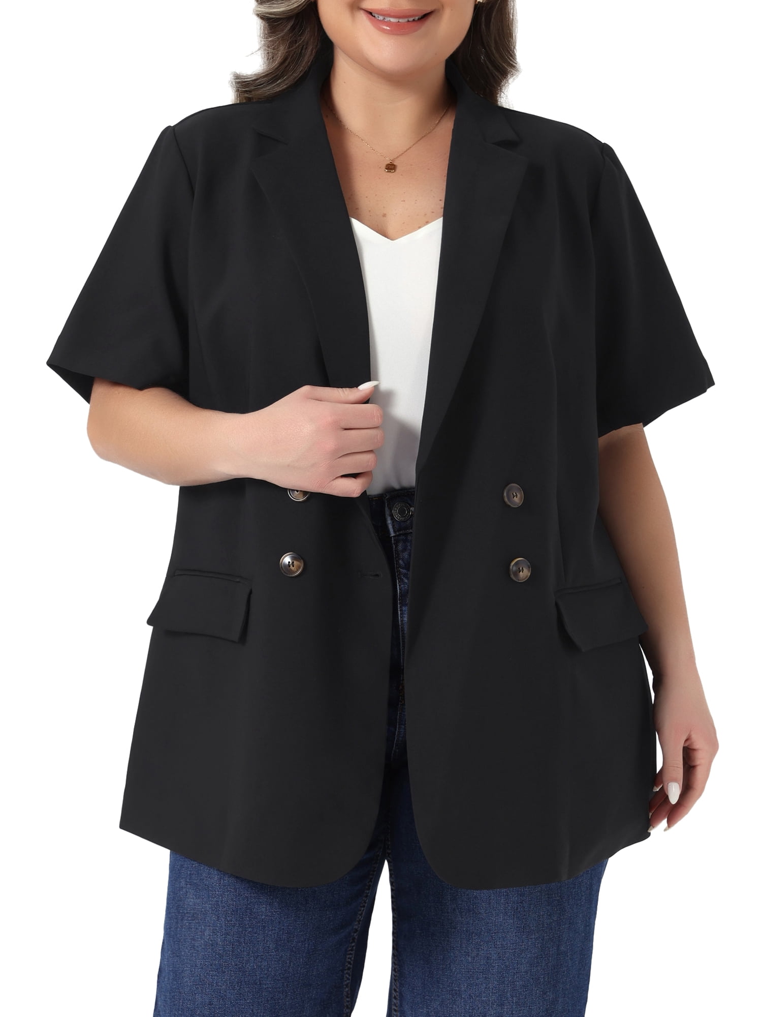 DARING DIVA Women's Plus Short Sleeve Notched Lapel Double Breasted Blazer 2X Black